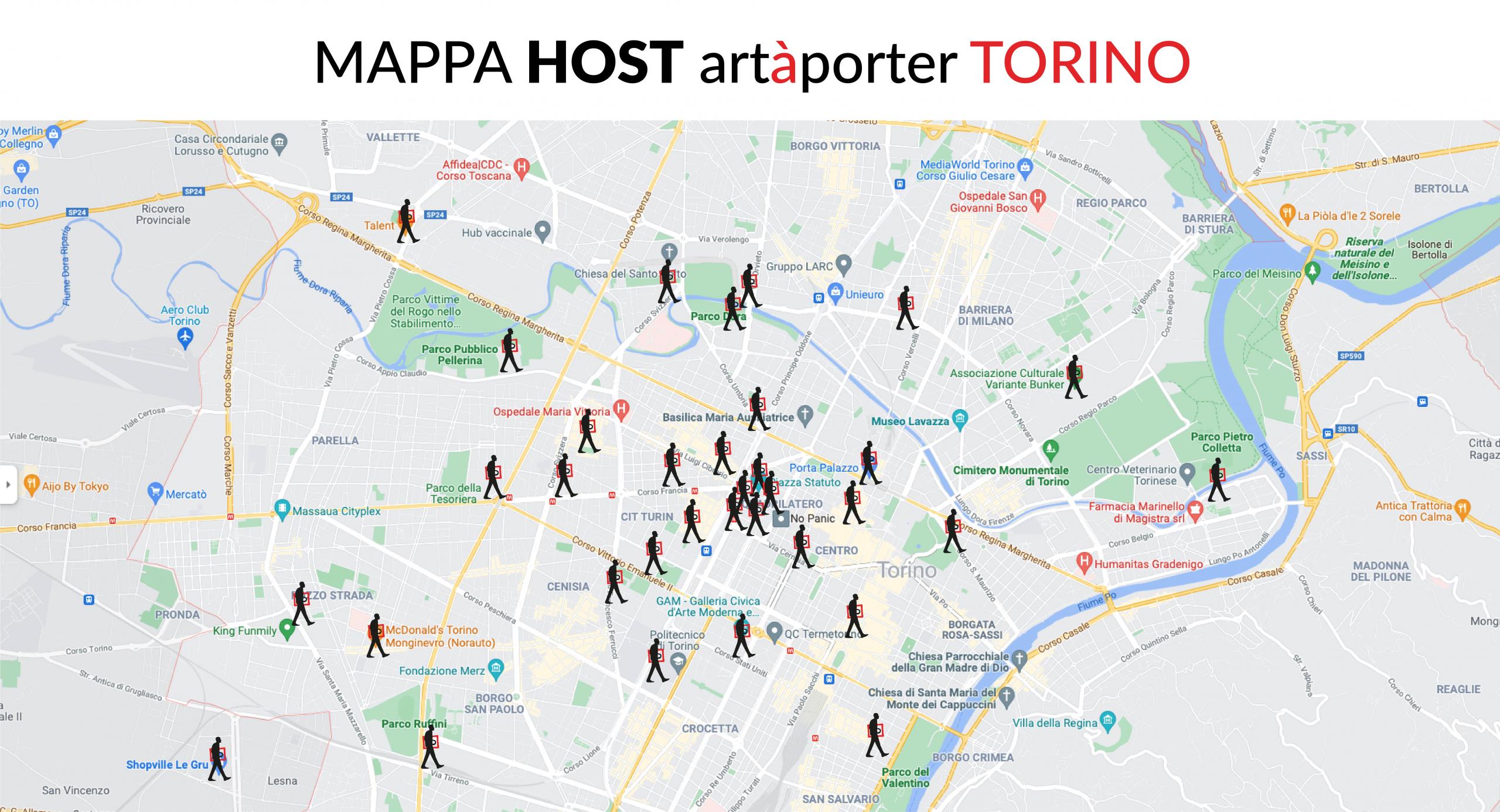 Mappa Host di Torino, con gli esercizi commerciali segnalati da sagome